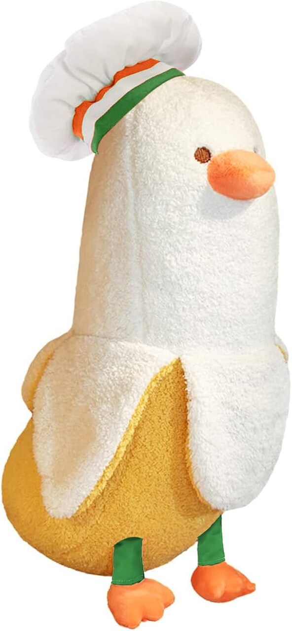 Cute Banana Duck Stuffed Animal Long Banana Chef Duck Plush Pillow for Girls and Boys White 12"